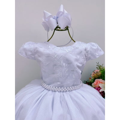Vestido Infantil Damas Honra Branco Casamentos Pérolas Renda