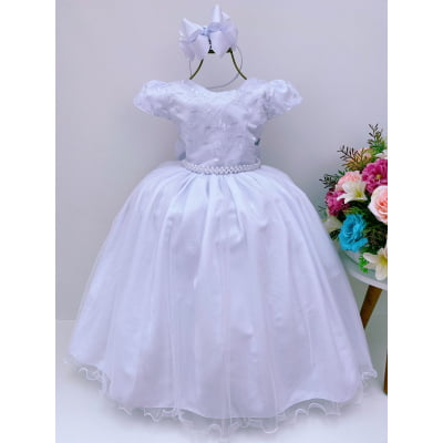 Vestido Infantil Damas Honra Branco Casamentos Pérolas Renda