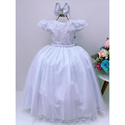 Vestido Infantil Damas Honra Branco Casamentos Pérolas Renda