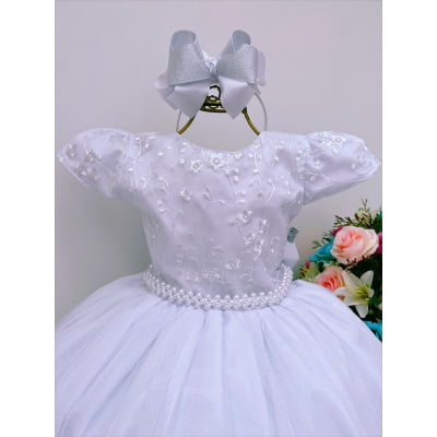 Vestido Infantil Damas Honra Branco Casamentos Pérolas Renda
