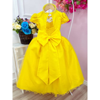 Vestido Infantil Damas Honra Casamento Amarelo Renda Pérola