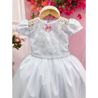 Vestido Infantil Damas Honra Casamento Branco Renda Pérola