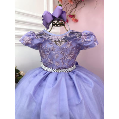 Vestido Infantil Damas Honra Casamento Lilás C/ Renda Pérola