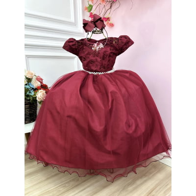 Vestido Infantil Damas Honra Casamento Marsala Renda Pérola