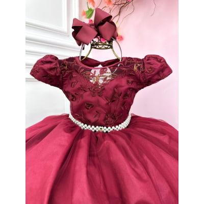 Vestido Infantil Damas Honra Casamento Marsala Renda Pérola