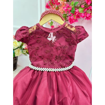 Vestido Infantil Damas Honra Casamento Marsala Renda Pérola