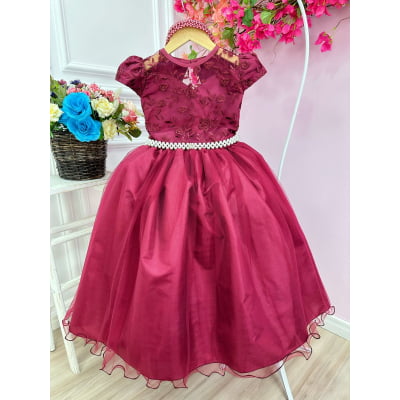Vestido Infantil Damas Honra Casamento Marsala Renda Pérola