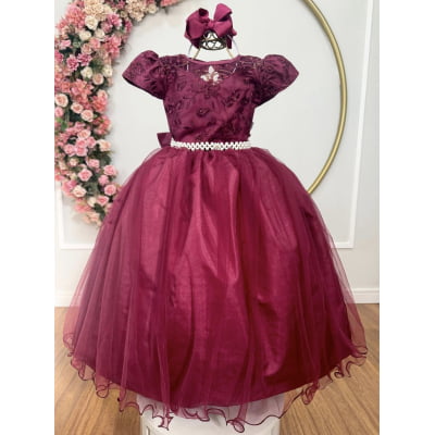 Vestido Infantil Damas Honra Casamento Marsala Renda Pérola