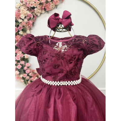 Vestido Infantil Damas Honra Casamento Marsala Renda Pérola