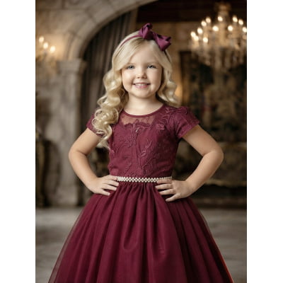Vestido Infantil Damas Honra Casamento Marsala Renda Pérola