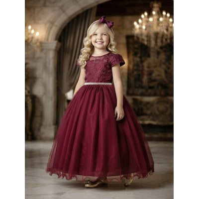 Vestido Infantil Damas Honra Casamento Marsala Renda Pérola