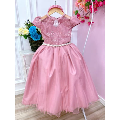 Vestido Infantil Damas Honra Casamento Rose C/ Renda Pérola