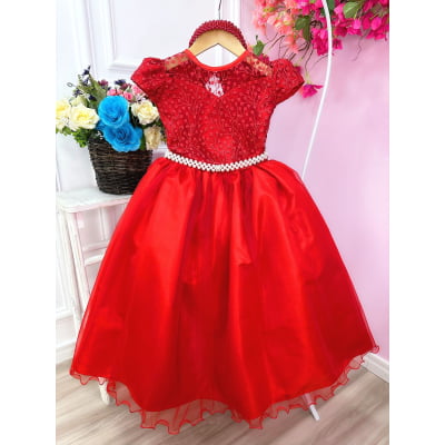 Vestido Infantil Damas Honra Casamento Vermelho Renda Pérola