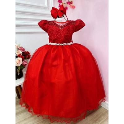 Vestido Infantil Damas Honra Casamento Vermelho Renda Pérola