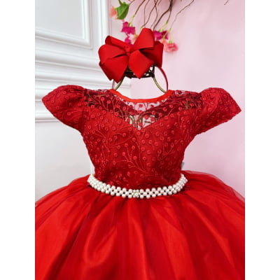 Vestido Infantil Damas Honra Casamento Vermelho Renda Pérola
