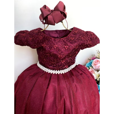 Vestido Infantil Damas Honra Marsala Casamentos Pérolas