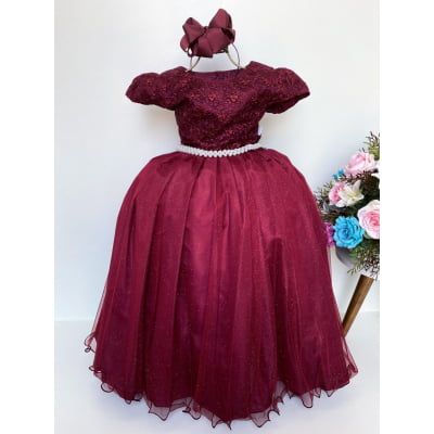 Vestido Infantil Damas Honra Marsala Casamentos Pérolas