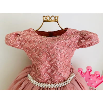Vestido Infantil Damas Honra Nude Casamentos Pérolas