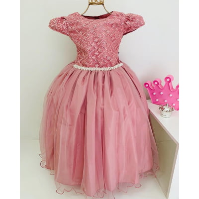 Vestido Infantil Damas Honra Nude Casamentos Pérolas