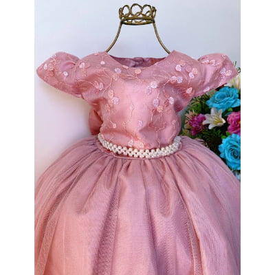 Vestido Infantil Damas Honra Nude Casamentos Pérolas