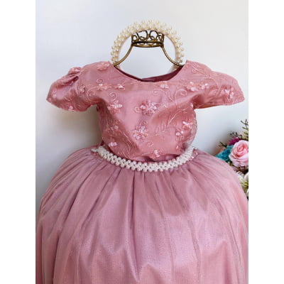 Vestido Infantil Damas Honra Nude Casamentos Pérolas