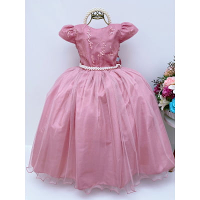 Vestido Infantil Damas Honra Nude Casamentos Pérolas