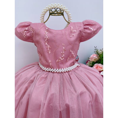 Vestido Infantil Damas Honra Nude Casamentos Pérolas