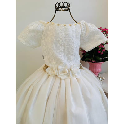 Vestido Infantil Damas Honra OFF White Casamentos Strass