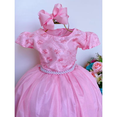 Vestido Infantil Damas Honra Rosa Casamentos Pérolas