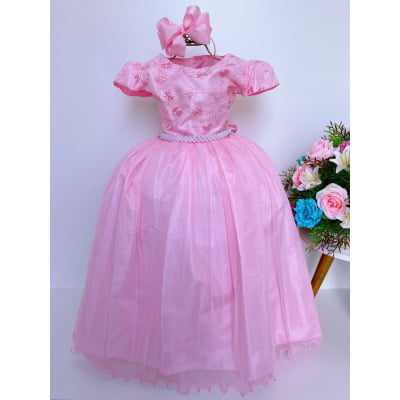 Vestido Infantil Damas Honra Rosa Casamentos Pérolas