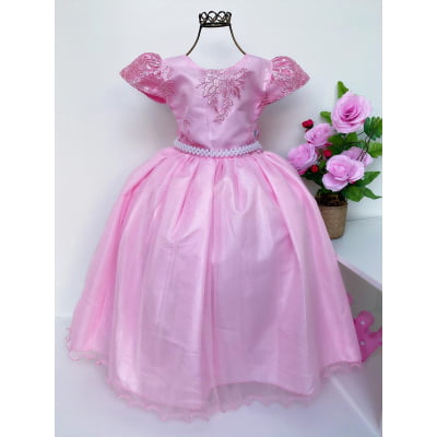Vestido Infantil Damas Honra Rosa Casamentos Pérolas