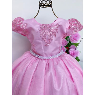 Vestido Infantil Damas Honra Rosa Casamentos Pérolas