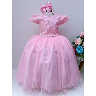 Vestido Infantil Damas Honra Rosa Casamentos Renda Pérolas