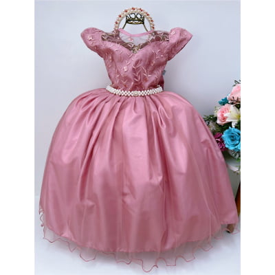 Vestido Infantil Damas Honra Rose Casamento Renda Pérola