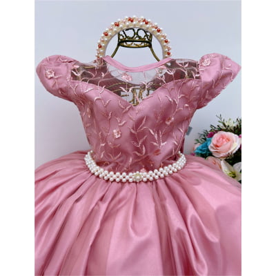 Vestido Infantil Damas Honra Rose Casamento Renda Pérola