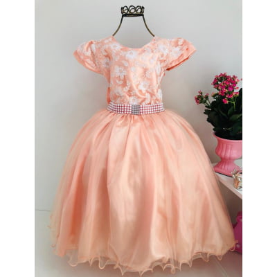Vestido Infantil Damas Honra Salmão Casamentos Pérolas