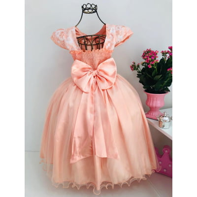 Vestido Infantil Damas Honra Salmão Casamentos Pérolas
