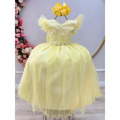 Vestido Infantil Longo Amarelo C/ Apliques e Renda Damas