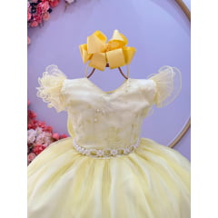 Vestido Infantil Longo Amarelo C/ Apliques e Renda Damas