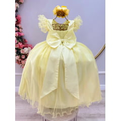 Vestido Infantil Longo Amarelo C/ Apliques e Renda Damas