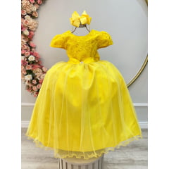 Vestido Infantil Longo Amarelo C/ Renda Daminhas de Honra