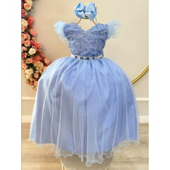 Vestido Infantil Longo Azul C/ Apliques Luxo Daminas Festas