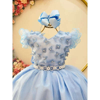 Vestido Infantil Longo Azul Claro C/ Apliques Daminas Festas