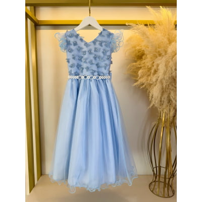 Vestido Infantil Longo Azul Claro C/ Apliques Daminas Festas