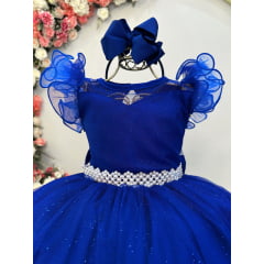 Vestido Infantil Longo Azul Royal Daminhas C/ Glitter Festas