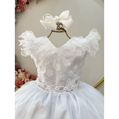 Vestido Infantil Longo Branco Com Apliques Daminhas Festas