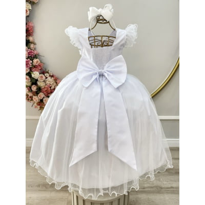 Vestido Infantil Longo Branco Com Apliques Daminhas Festas
