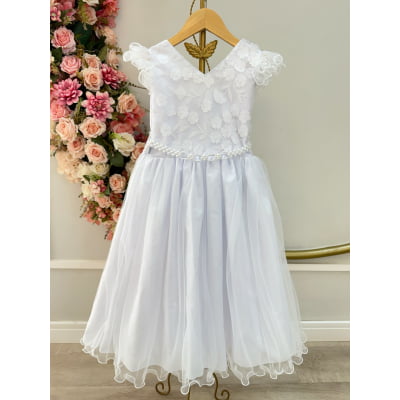Vestido Infantil Longo Branco Com Apliques Daminhas Festas