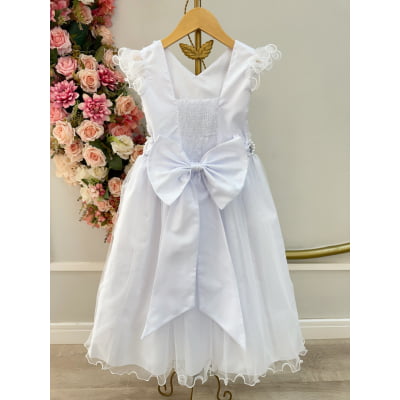Vestido Infantil Longo Branco Com Apliques Daminhas Festas