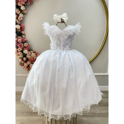 Vestido Infantil Longo Branco Com Apliques Daminhas Festas